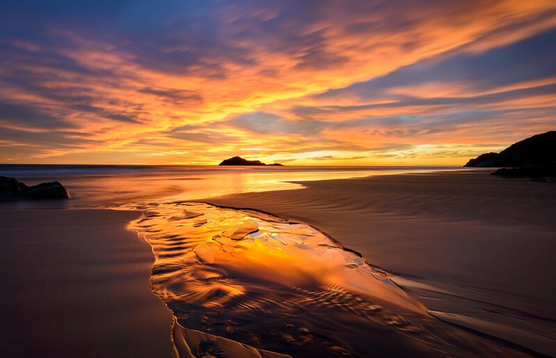 Sunset over Beach — Orange, Dramatic, Photograph, Ocean, Sand, Island