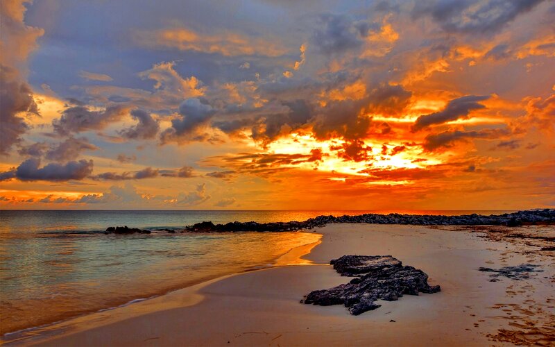Sunset over Beach — Orange, Dramatic, Photograph, Ocean, Sand