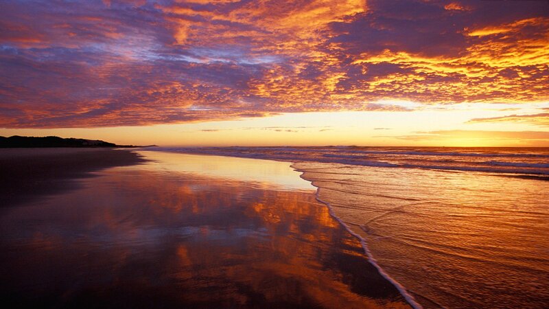 Sunset over Beach — Orange, Dramatic, Photograph, Ocean, Sky, Sand
