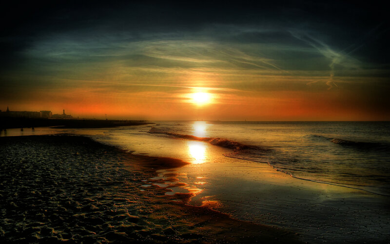 Sunset over Beach — Orange, Dramatic, Photograph, Ocean, Sky