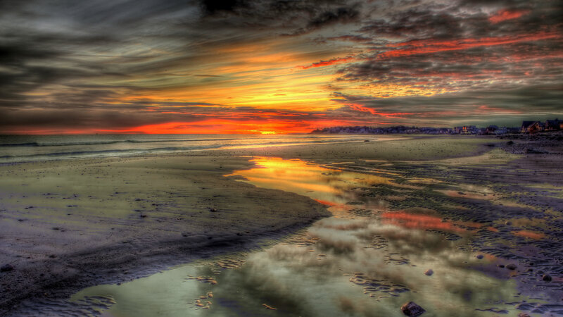 Sunset over Beach — Orange, Dramatic, Photograph, Ocean, Sky, Town
