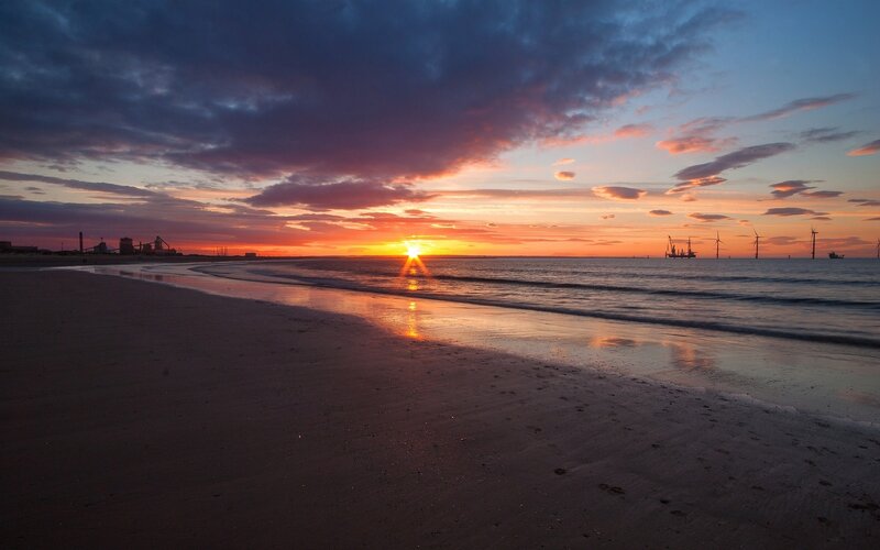 Sunset over Beach — Orange, Dramatic, Photograph, Ocean, Wind Turbines