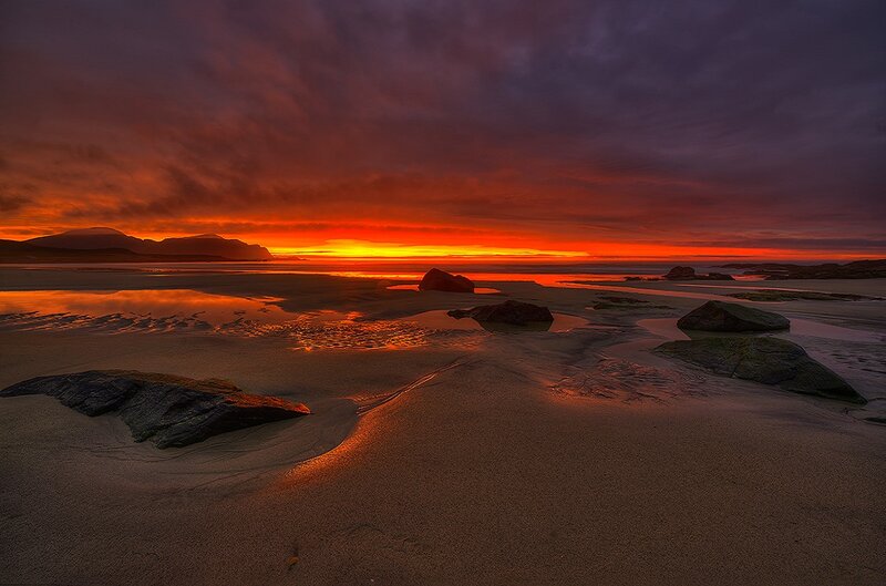 Sunset over Beach — Orange, Dramatic, Photograph, Rocks, Mountains