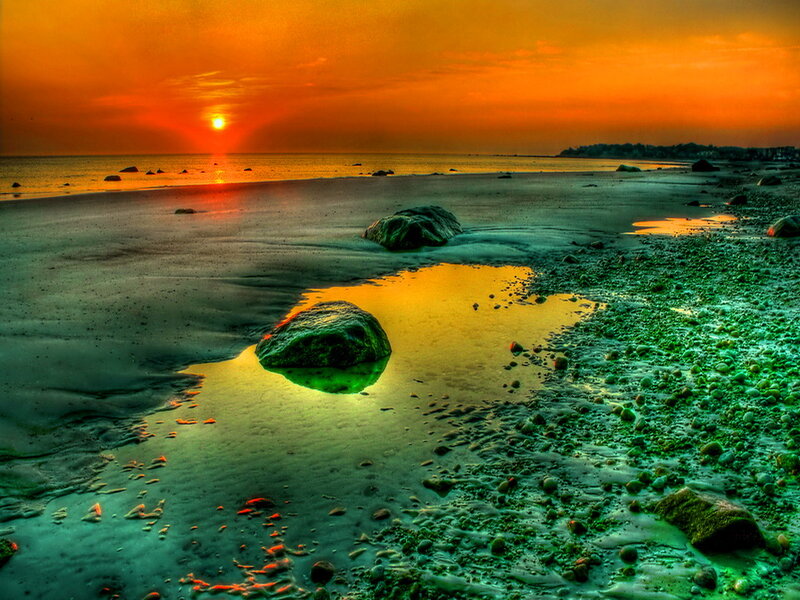 Sunset over Beach — Orange, Dramatic, Photograph, Rocks