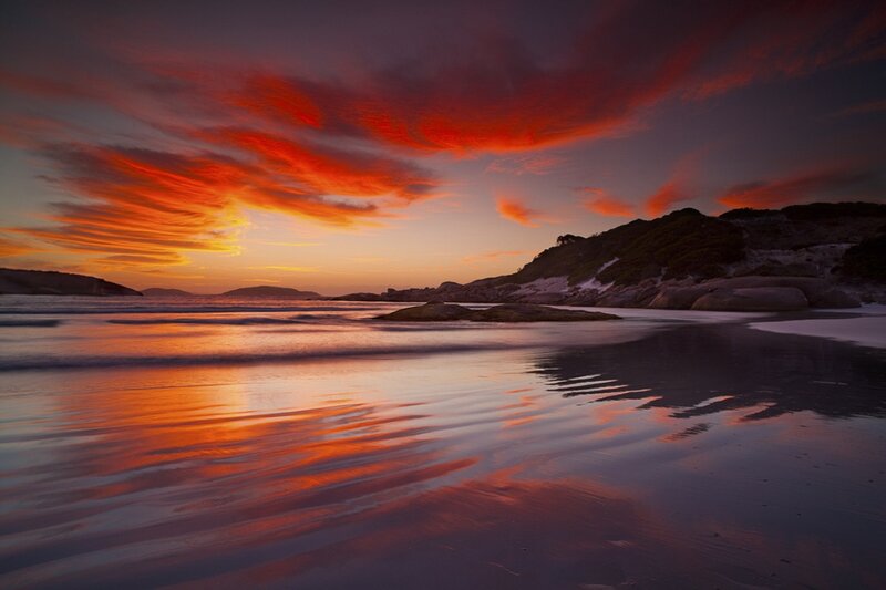 Sunset over Beach — Orange, Dramatic, Photograph, Sky, Ocean