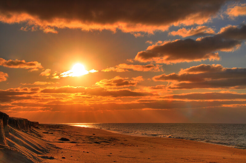 Sunset over Beach — Orange, Dramatic, Photograph, Sun