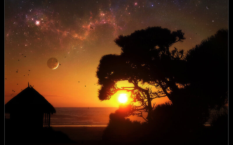 Sunset over Beach — Orange, Serene, Digital Art