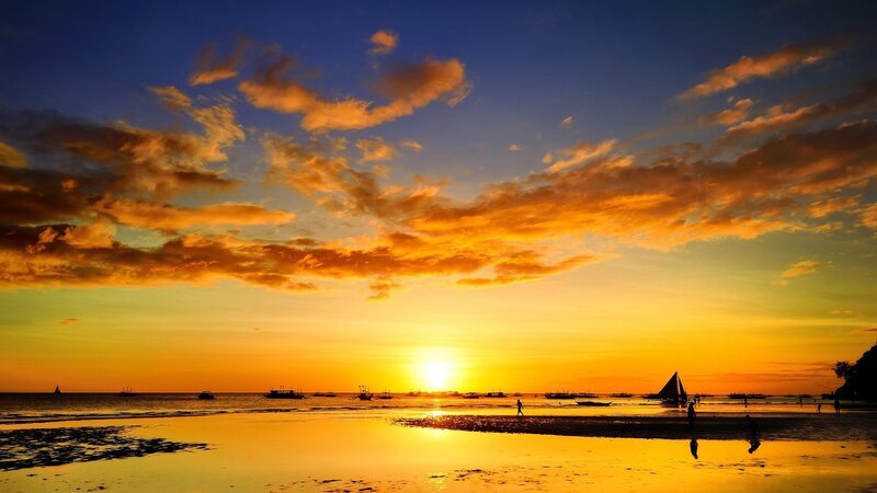 Sunset over Beach — Orange, Serene, Photograph, Boats