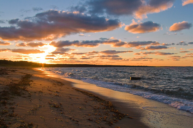 Sunset over Beach — Orange, Serene, Photograph, Ocean, Clouds, Sand