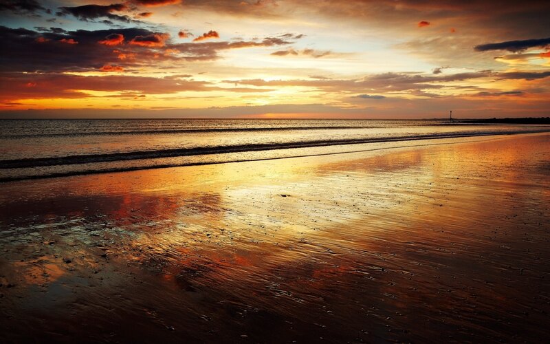 Sunset over Beach — Orange, Serene, Photograph, Ocean, Clouds