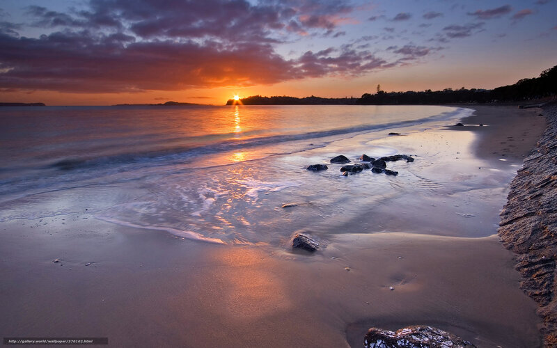 Sunset over Beach — Orange, Serene, Photograph, Ocean, Rocks, Clouds