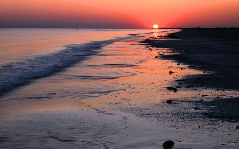 Sunset over Beach — Orange, Serene, Photograph, Ocean, Sand, Sun