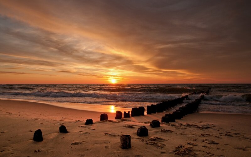 Sunset over Beach — Orange, Serene, Photograph, Ocean, Sand