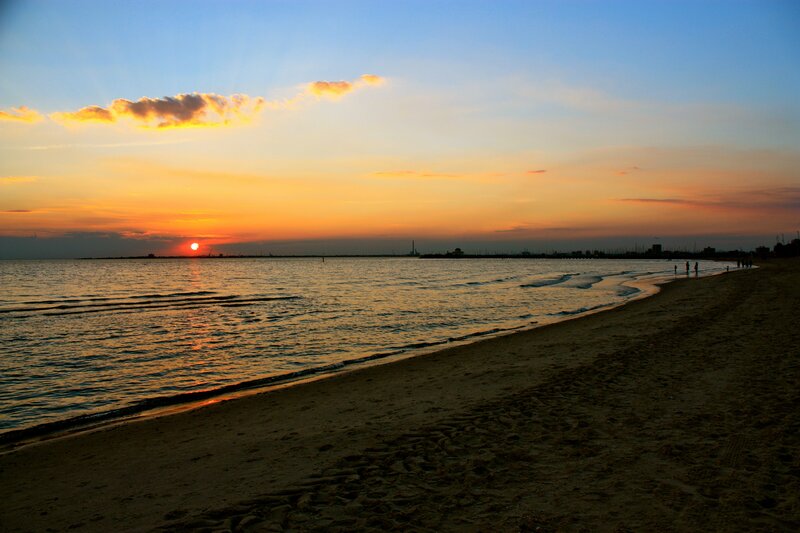 Sunset over Beach — Orange, Serene, Photograph, Ocean, Sky