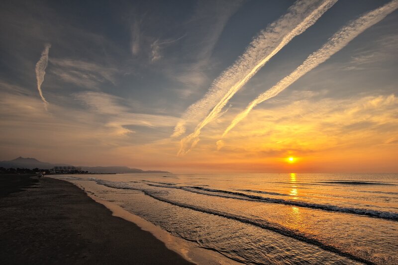 Sunset over Beach — Orange, Serene, Photograph, Sky, Ocean