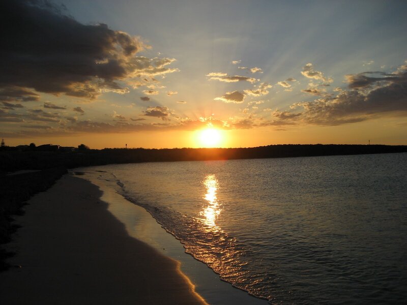 Sunset over Beach — Orange, Serene, Photograph, Sun, Clouds, Sand