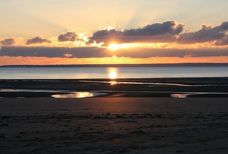 Sunset over Beach — Orange, Serene, Photograph, Sun, Clouds