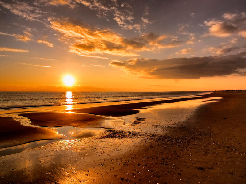 Sunset over Beach — Orange, Serene, Photograph, Sun, Ocean, Clouds