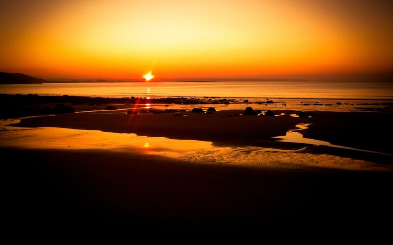 Sunset over Beach — Orange, Serene, Photograph, Sun, Ocean, Rocks