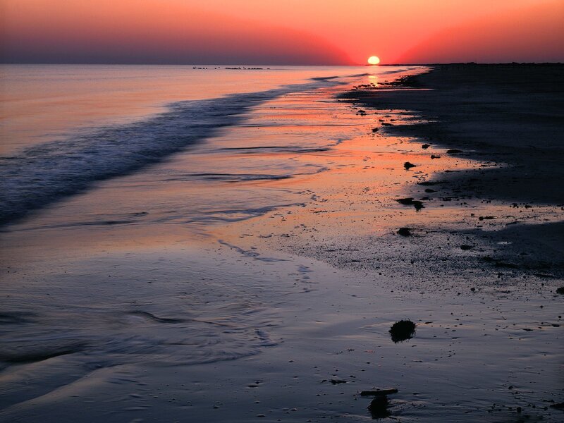 Sunset over Beach — Orange, Serene, Photograph, Sun, Ocean, Sand, Pink
