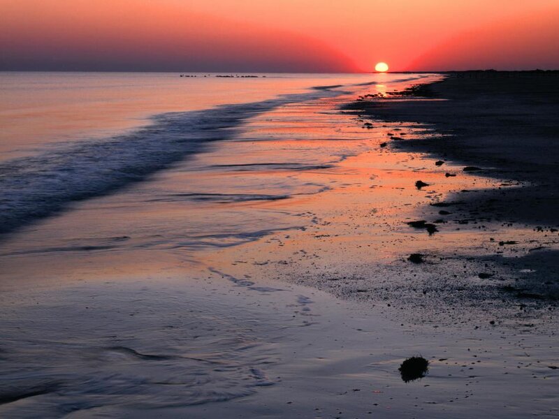 Sunset over Beach — Orange, Serene, Photograph, Sun, Ocean, Sand