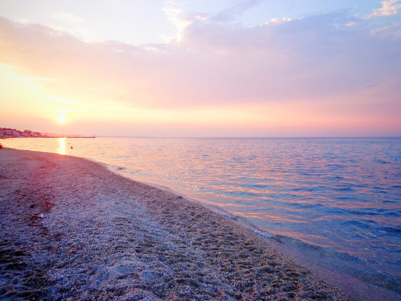Sunset over Beach — Pink, Serene, Photograph
