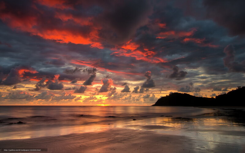 Sunset over Beach — Red, Dramatic, Photograph, Clouds, Ocean