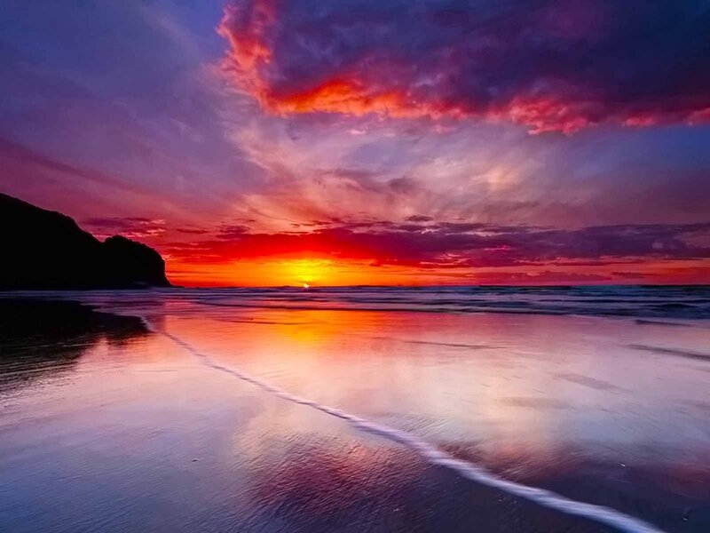 Sunset over Beach — Red, Dramatic, Photograph, Ocean, Sky