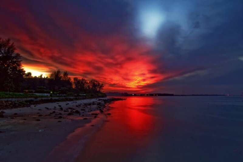 Sunset over Beach — Red, Dramatic, Photograph, Sky