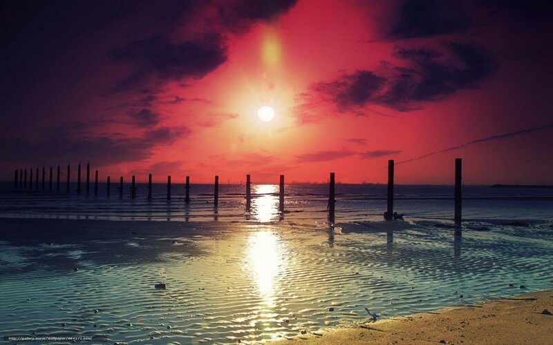 Sunset over Beach — Red, Dramatic, Photograph, Sun