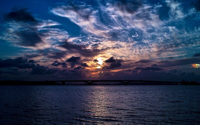 Sunset over Bridge — Blue, Dramatic, Photograph, Clouds