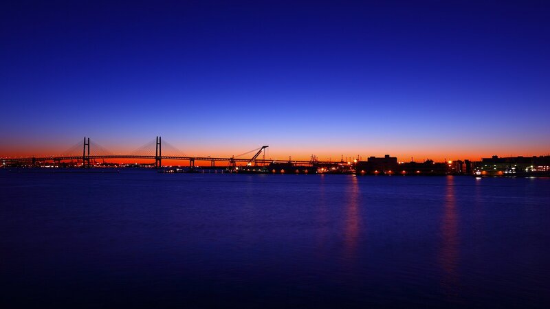 Sunset over Bridge — Blue, Serene, Photograph, City Lights