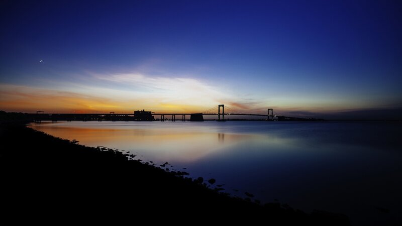 Sunset over Bridge — Blue, Serene, Photograph, Moon