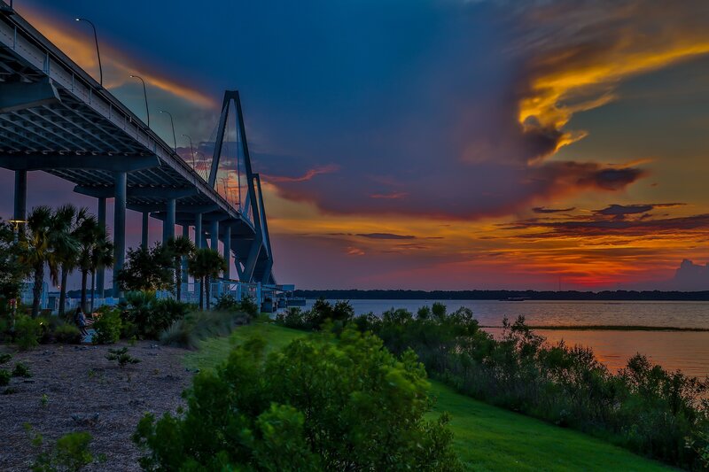 Sunset over Bridge — Orange, Dramatic, Photograph, Palm Trees