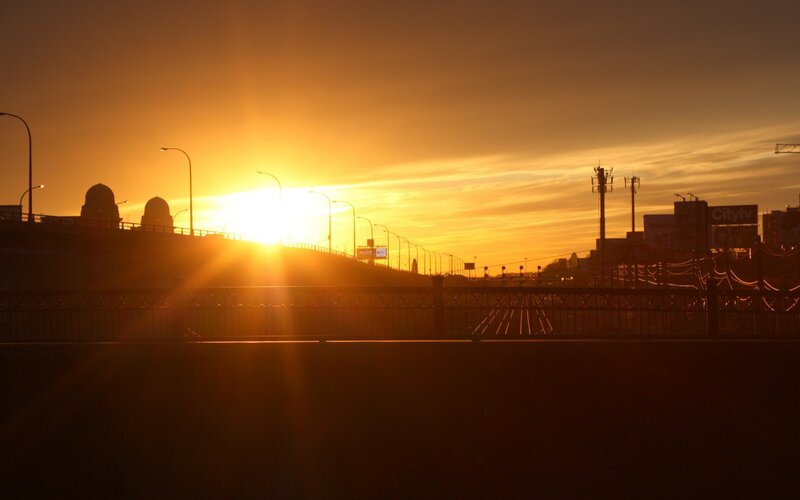 Sunset over Bridge — Orange, Dramatic, Photograph, Streetlights