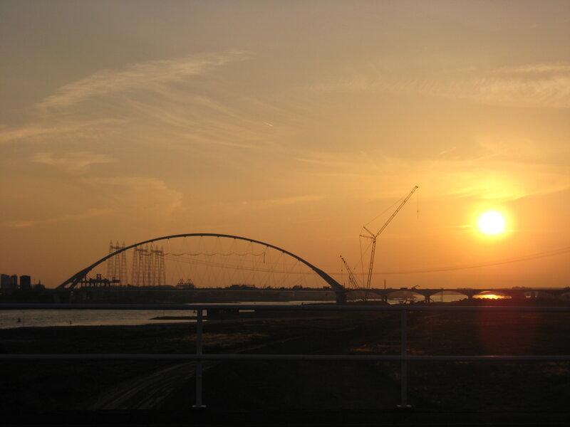 Sunset over Bridge — Orange, Serene, Photograph, Crane