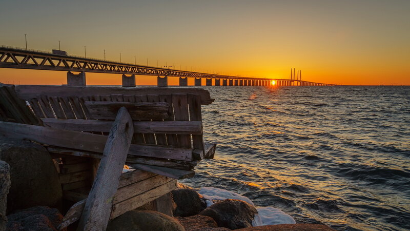 Sunset over Bridge — Orange, Serene, Photograph, Sea