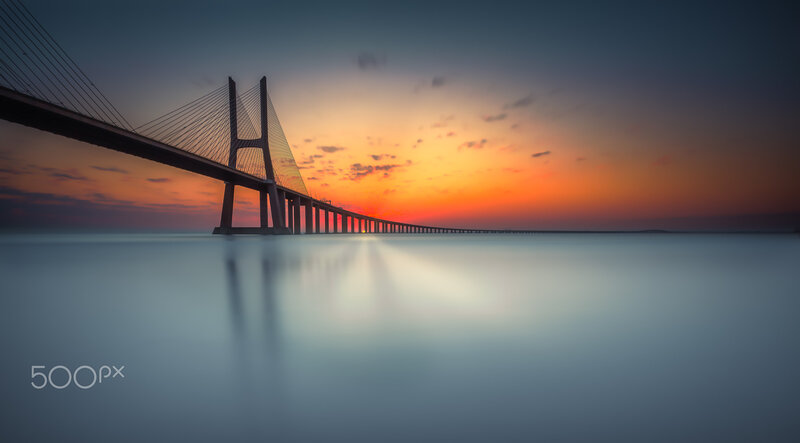 Sunset over Bridge — Orange, Serene, Photograph, Sky