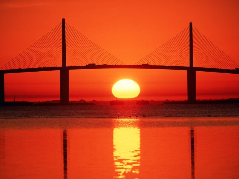 Sunset over cable-stayed bridge