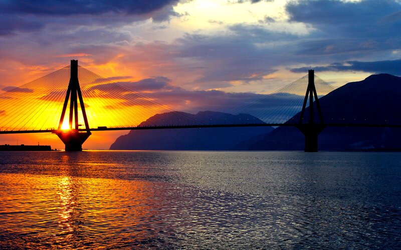 sunset over cable-stayed bridge