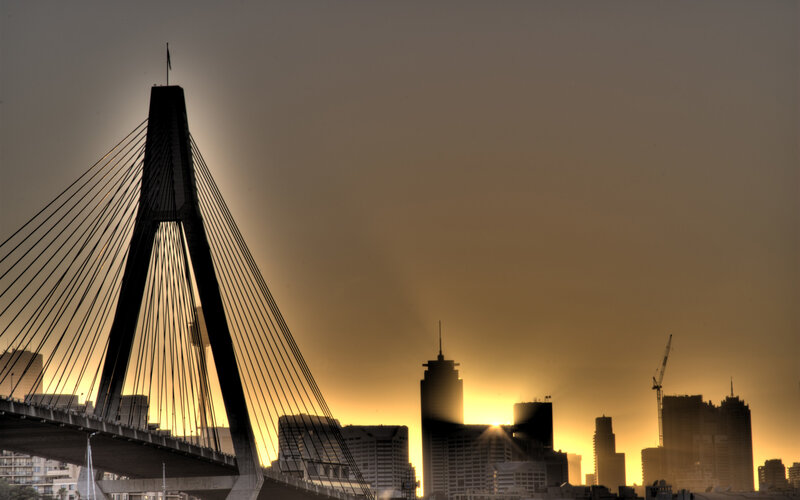 Sunset over cable-stayed bridge