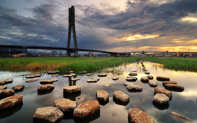 Sunset over Cable-stayed Bridge — Blue, Dramatic, Photograph