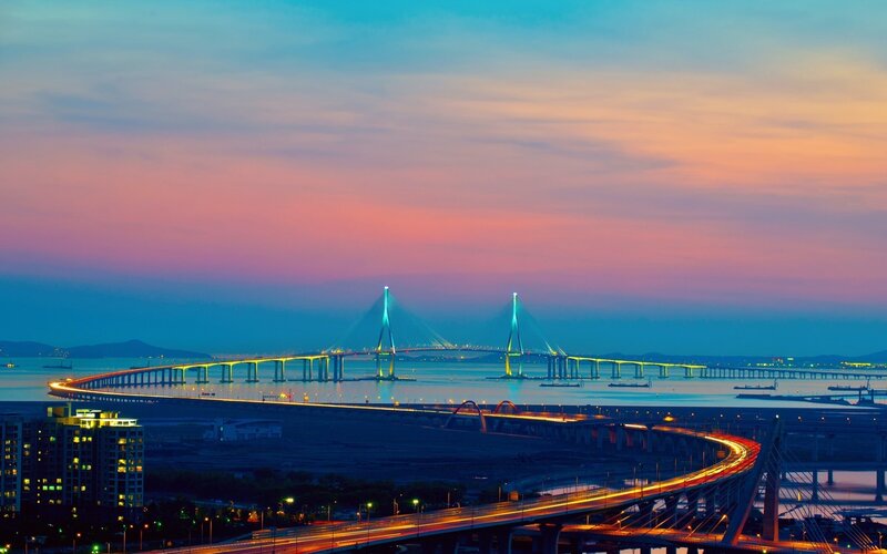 Sunset over Cable-stayed Bridge — Blue, Serene, Photograph, City, Sky