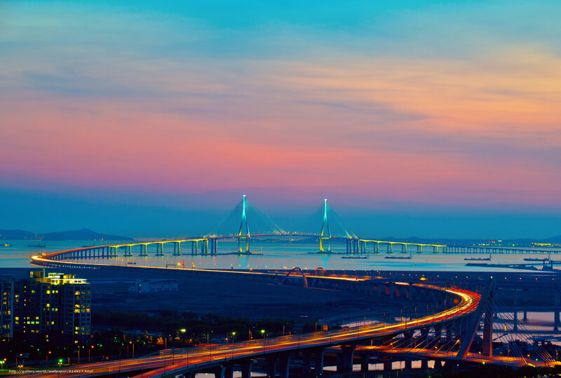 Sunset over Cable-stayed Bridge — Blue, Serene, Photograph