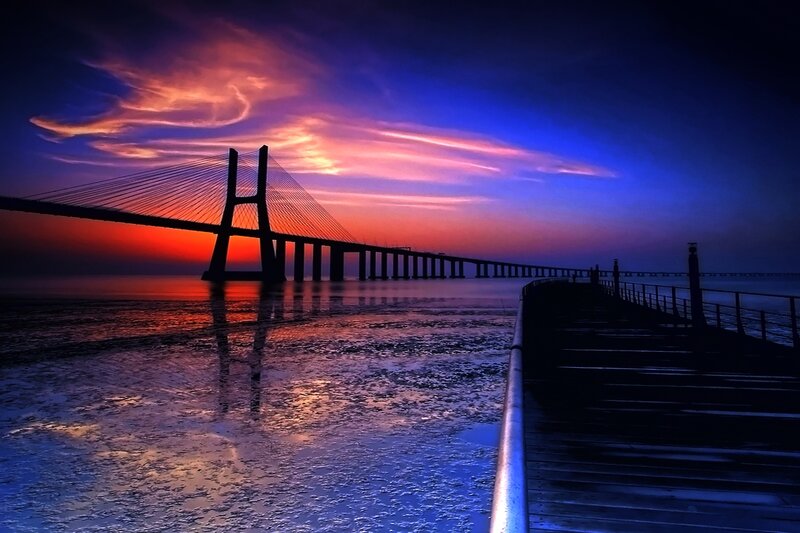 Sunset over Cable-stayed Bridge — Blue