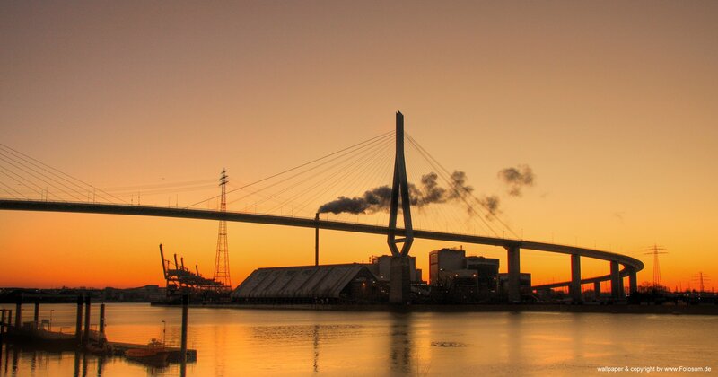 Sunset over Cable-stayed Bridge — Orange, Dramatic, Photograph