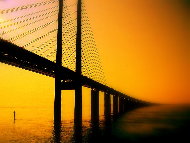 Sunset over Cable-stayed Bridge — Orange, Dramatic, Photograph, Water