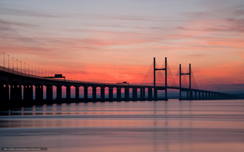 Sunset over Cable-stayed Bridge — Orange, Serene, Photograph, Sky