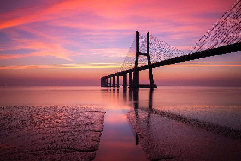 Sunset over Cable-stayed Bridge — Pink