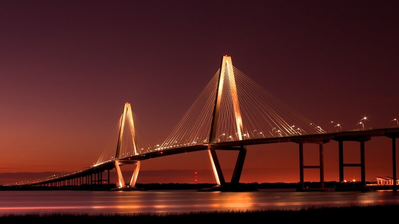 Sunset over Cable-stayed Bridge — Purple, Dramatic, Photograph, Sky